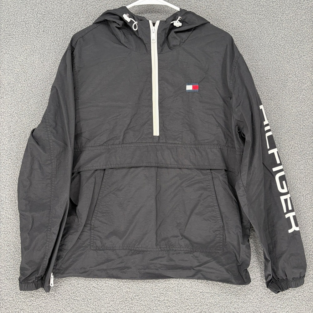 Tommy Hilfiger Mens Black Anorak Windbreaker Quarter Zip Pullover Jacket Size M